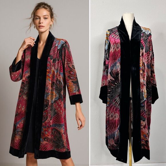 Chico’s Velvet Burnout Peacock Feather Boho Kimono Duster...